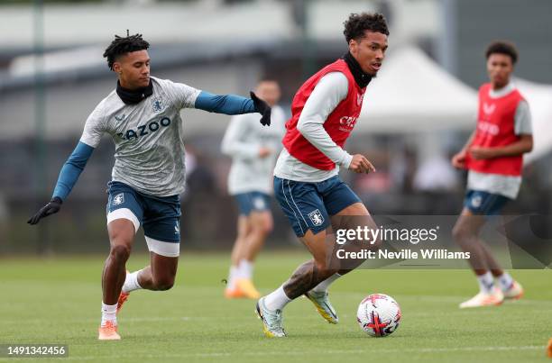 Boubacar Kamara of Aston Villa in action during a training session at Bodymoor Heath training ground on May 16, 2023 in Birmingham, England.