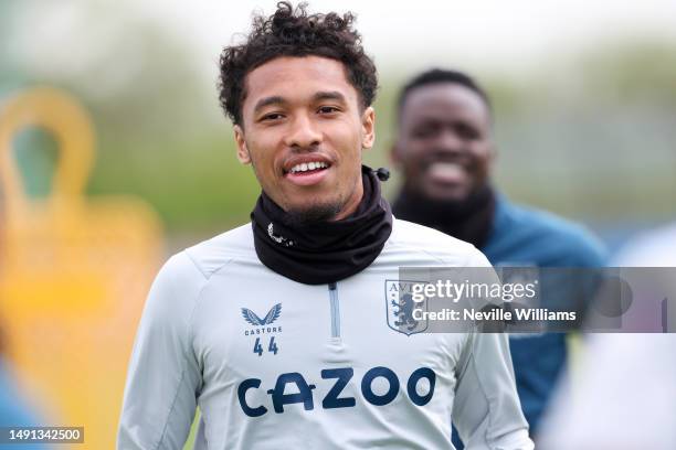 Boubacar Kamara of Aston Villa in action during a training session at Bodymoor Heath training ground on May 16, 2023 in Birmingham, England.