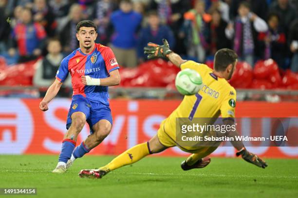 Zeki Amdouni of FC Basel scores the team's first goal during the UEFA Europa Conference League semi-final second leg match between FC Basel and ACF...