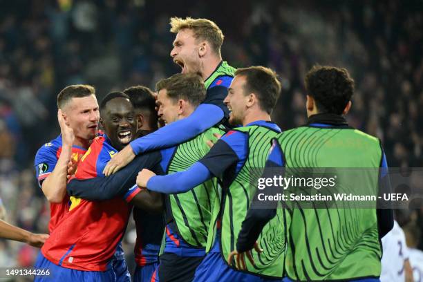 Zeki Amdouni of FC Basel celebrates with teammates after scoring the team's first goal during the UEFA Europa Conference League semi-final second leg...