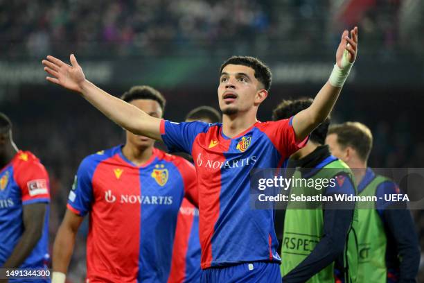 Zeki Amdouni of FC Basel celebrates after scoring the team's first goal during the UEFA Europa Conference League semi-final second leg match between...