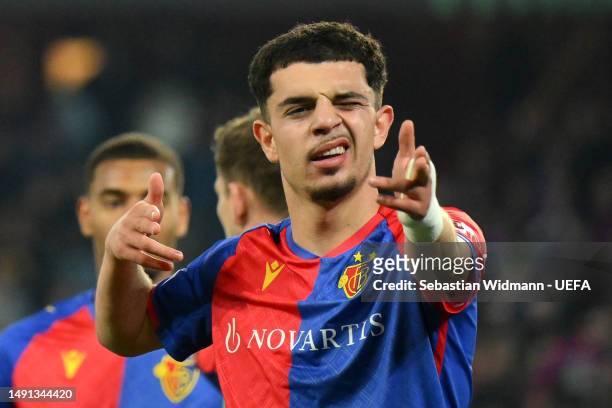 Zeki Amdouni of FC Basel celebrates after scoring the team's first goal during the UEFA Europa Conference League semi-final second leg match between...