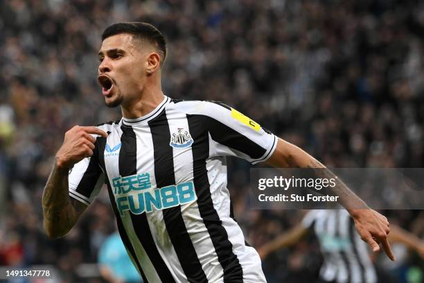 Bruno Guimaraes of Newcastle United celebrates after scoring the team's fourth goal during the Premier League match between Newcastle United and...