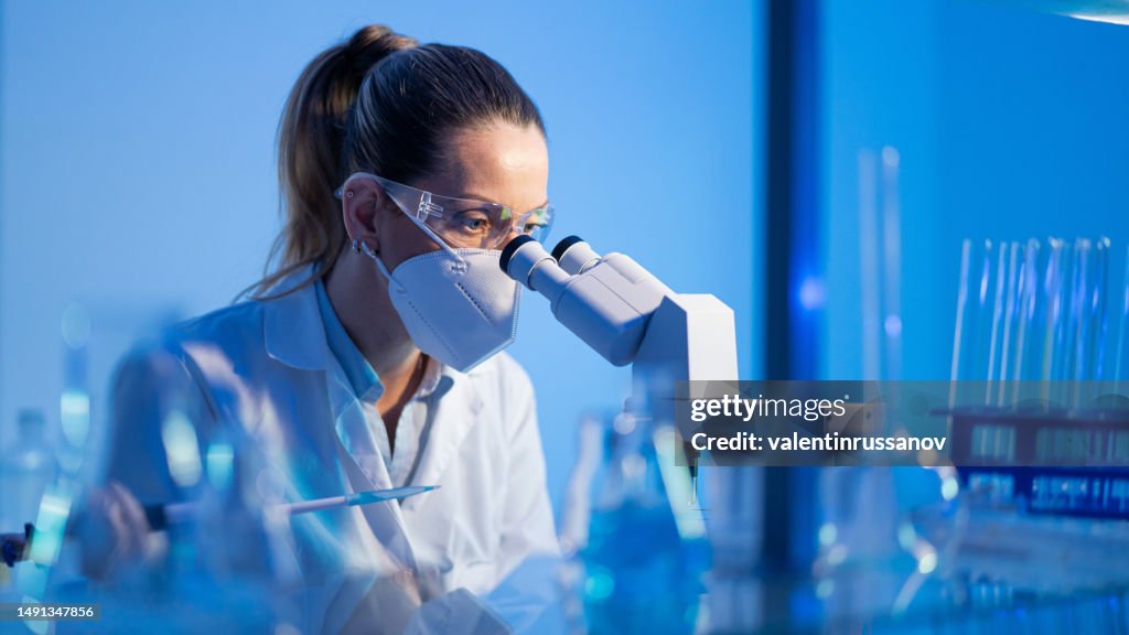 女性研究科学者は、微生物学の研究室で彼女の顕微鏡のサンプルを分析しています