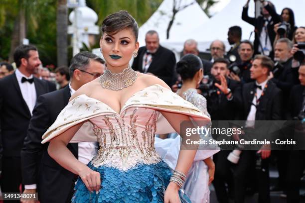 Urvashi Rautela attends the "Indiana Jones And The Dial Of Destiny" red carpet during the 76th annual Cannes film festival at Palais des Festivals on...