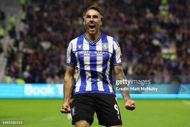 Lee Gregory of Sheffield Wednesday celebrates their side's third goal scored by Reece James of Sheffield Wednesday during the Sky Bet League One...