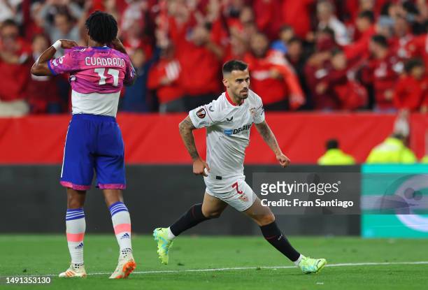 Suso of Sevilla FC celebrates after scoring the team's first goal during the UEFA Europa League semi-final second leg match between Sevilla FC and...