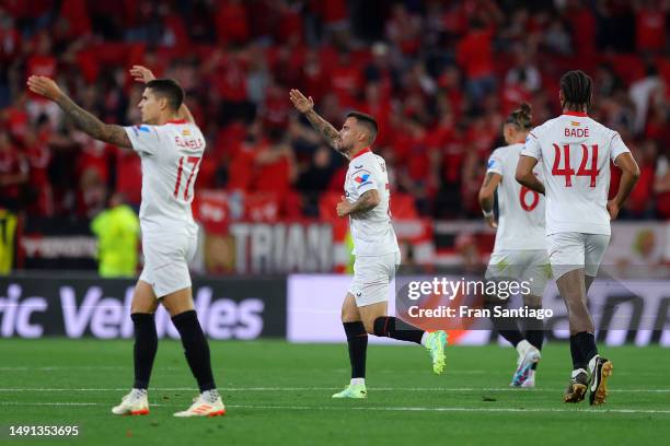 Suso of Sevilla FC celebrates after scoring the team's first goal during the UEFA Europa League semi-final second leg match between Sevilla FC and...