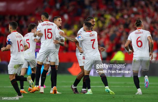 Suso of Sevilla FC celebrates after scoring the team's first goal during the UEFA Europa League semi-final second leg match between Sevilla FC and...