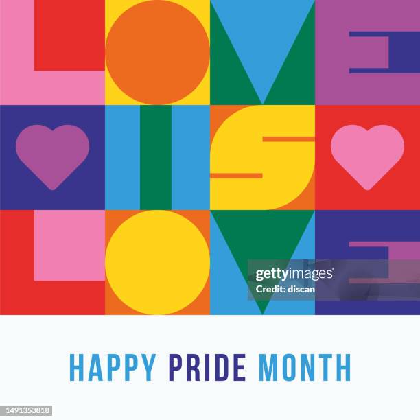 pride-grußkarte mit geometrischer typografie. - lgbt pride monat stock-grafiken, -clipart, -cartoons und -symbole