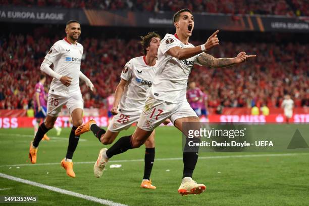 Erik Lamela of Sevilla FC celebrates after scoring the team's second goal during the UEFA Europa League semi-final second leg match between Sevilla...