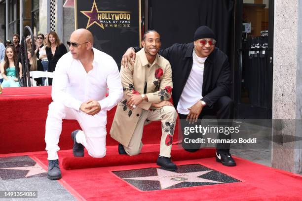 Vin Diesel, Ludacris, and LL Cool J attend a ceremony honoring Ludacris with a star on the Hollywood Walk of Fame on May 18, 2023 in Hollywood,...