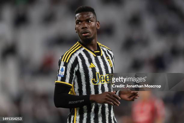 Paul Pogba of Juventus looks across his shoulder during the Serie A match between Juventus and US Cremonese at Allianz Stadium on May 14, 2023 in...