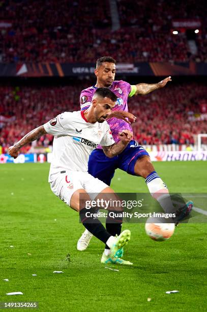 Suso Fernandez of Sevilla FC competes for the ball with Danilo Luiz Da Silva of Juventus during the UEFA Europa League semi-final second leg match...