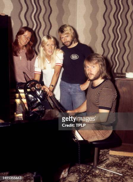 Swedish singers and songwriters Anni-Frid Lyngstad, Agnetha Fältskog, Björn Ulvaeus and Benny Andersson, of the supergroup ABBA, pose for a portrait...