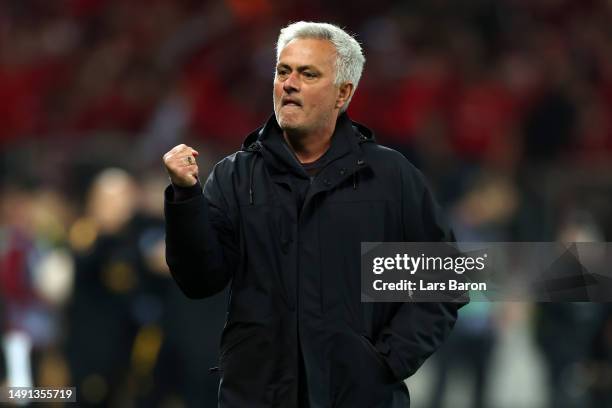 Jose Mourinho, Head Coach of AS Roma, celebrates after the UEFA Europa League semi-final second leg match between Bayer 04 Leverkusen and AS Roma at...