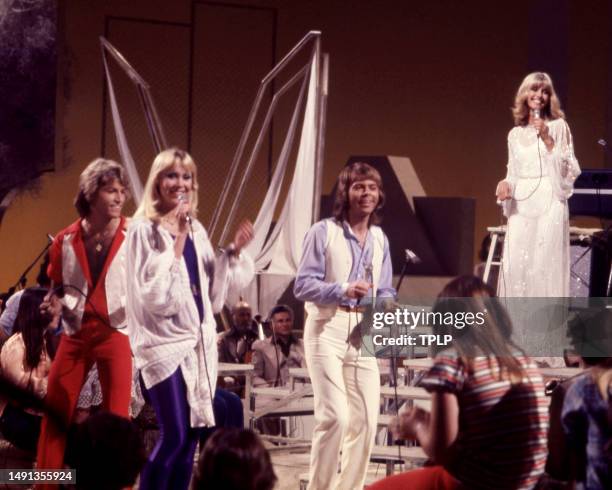 English/Australian singer and songwriter Andy Gibb , Swedish singers and songwriters Agnetha Fältskog and Björn Ulvaeus, of the supergroup ABBA, join...
