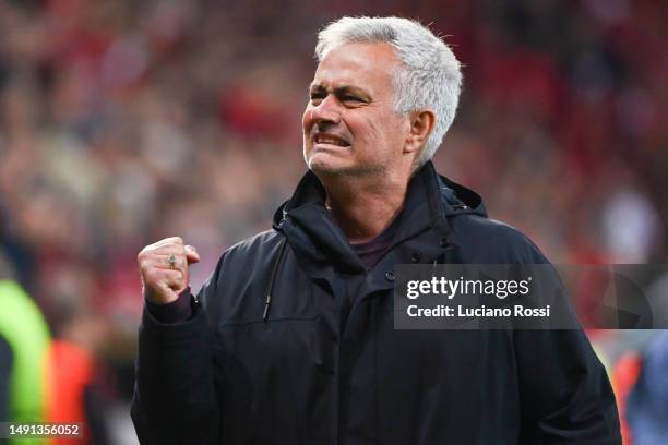 Roma coach Josè Mourinho celebrates after the UEFA Europa League semi-final second leg match between Bayer 04 Leverkusen and AS Roma at BayArena on...