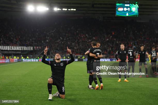 Pablo Fornals of West Ham United celebrates after scoring the team's first goal during the UEFA Europa Conference League semi-final second leg match...