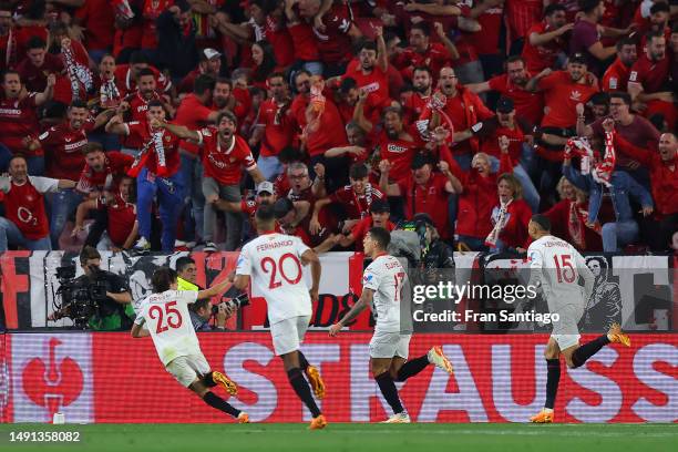 Erik Lamela of Sevilla FC celebrates after scoring the team's second goal during the UEFA Europa League semi-final second leg match between Sevilla...
