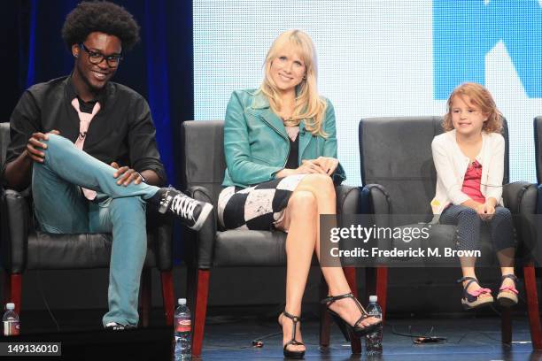 Actors Echo Kellum, Dakota Johnson and Maggie Elizabeth Jones speak onstage at the 'Ben and Kate' panel during day 3 of the FOX portion of the 2012...