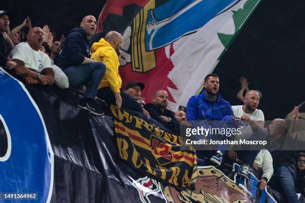 Former FC Internazionale triple winners Marco Materazzi and Wesley Sneijder amongst the Ultras as they cheer on the team during the UEFA Champions...