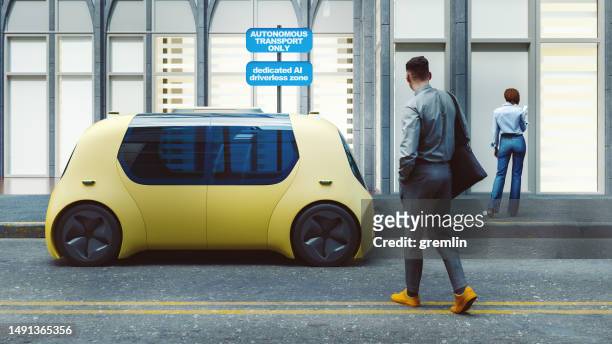 futuristic street with autonomous driverless zones only - autonomous car stockfoto's en -beelden