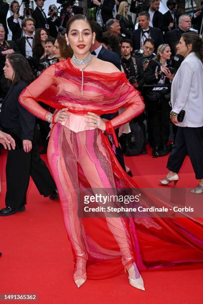 Araya Hargate attends the "Indiana Jones And The Dial Of Destiny" red carpet during the 76th annual Cannes film festival at Palais des Festivals on...