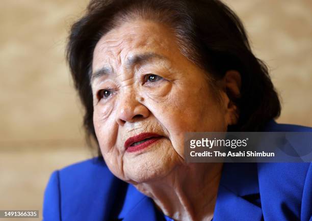 Bombs Survivor Setsuko Thurlow speaks during the Asahi Shimbun interview on May 17, 2023 in Hiroshima, Japan.