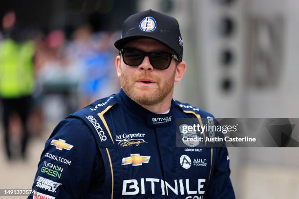 Conor Daly, driver of the BitNile Chevrolet, is introduced before the NTT IndyCar GMR Grand Prix at Indianapolis Motor Speedway on May 13, 2023 in...