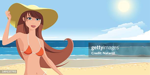 girl on a beach - sun hat stock illustrations