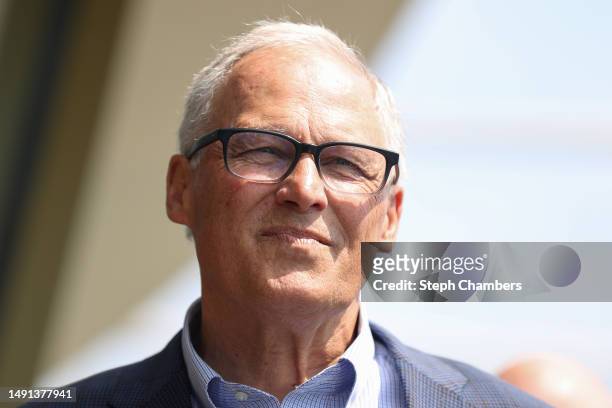 Washington State Governor Jay Inslee looks on during a press conference unveiling the Seattle FIFA World Cup 2026 brand and logo on the Observation...