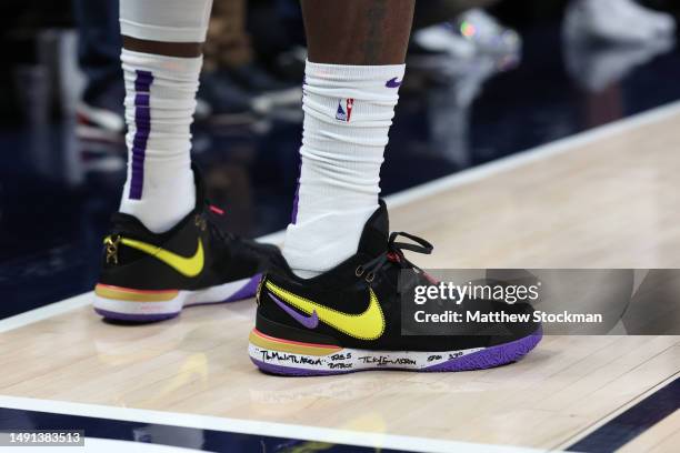 Detail view of the shoes of LeBron James of the Los Angeles Lakers during the first quarter against the Denver Nuggets in game two of the Western...