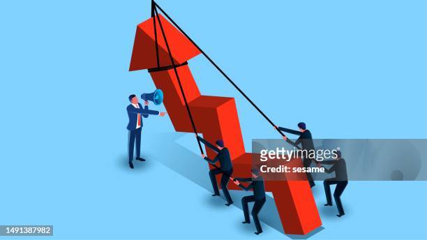 the concept of teamwork and collaboration to better drive business or company development, improve and enhance business or career, corporate culture, and leaders directing employees to pull together to change the direction - hoisted stock illustrations