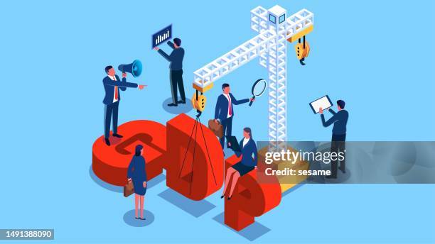 wirtschaftliche erholung und wiederaufbau, bip, inländische wirtschaftsentwicklung und bauwesen, bip-aufbau und -verbesserung, geschäftsteams, die zusammenarbeiten, um das bip aufzubauen - bruttoinlandsprodukt stock-grafiken, -clipart, -cartoons und -symbole