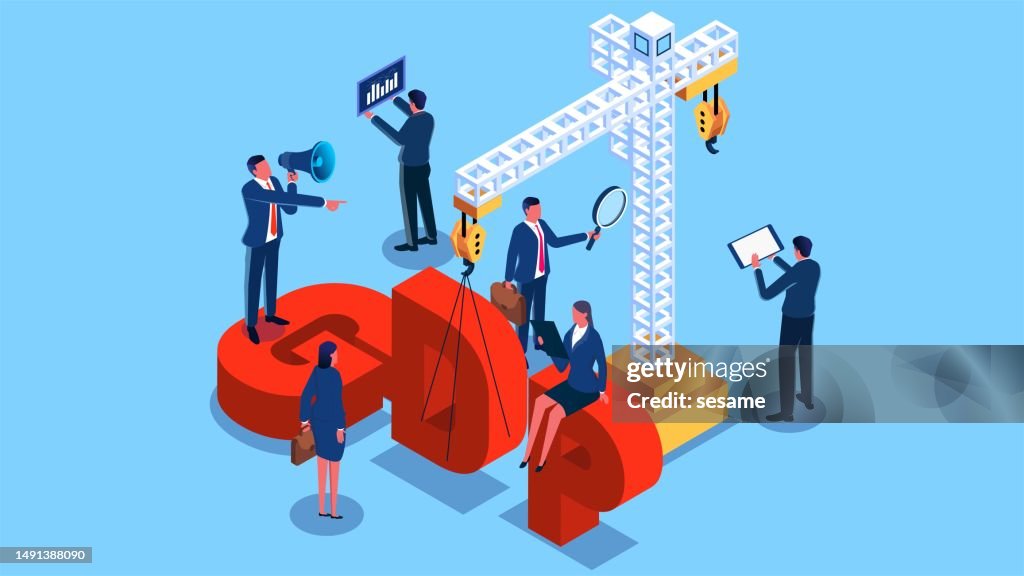 Recuperação e reconstrução econômica, PIB, desenvolvimento e construção econômica doméstica, construção e melhoria do PIB, equipes de negócios trabalhando juntas para construir o PIB