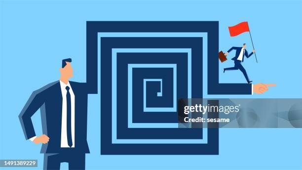 correct guidance and direction, more efficient problem solving, avoiding complex paths to quickly reach the goal, the hand of the giant to guide businessmen around the maze to reach the goal - reconciliation stock illustrations