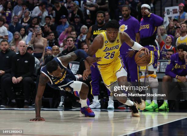 Rui Hachimura of the Los Angeles Lakers drives to the basket during the first quarter against the Denver Nuggets in game two of the Western...