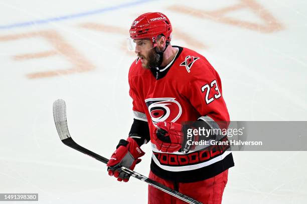 Stefan Noesen of the Carolina Hurricanes celebrates after scoring a goal on Sergei Bobrovsky of the Florida Panthers during the third period in Game...