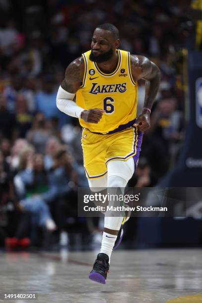 LeBron James of the Los Angeles Lakers runs up the court during the fourth quarter against the Denver Nuggets in game two of the Western Conference...