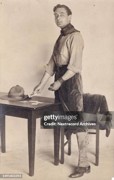 On set portrait of actor Edgar Selwyn in 1914 in his role of Pierre in the early Hollywood film 'Pierre of the Plains,' who went on to help found MGM...