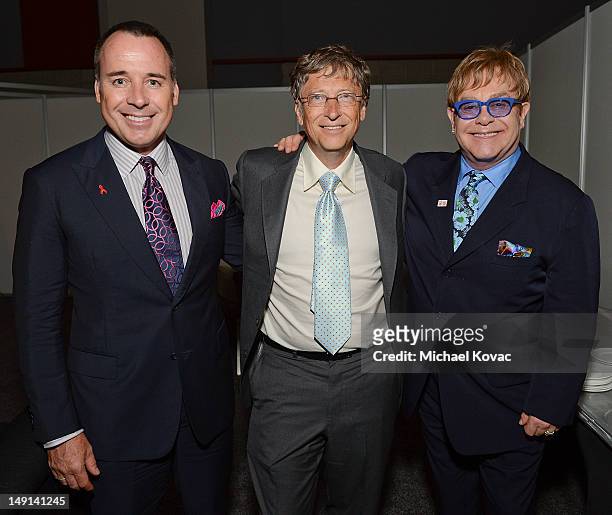 David Furnish, Bill Gates, and Sir Elton John attend the 19th International AIDS Conference at the Walter E. Washington Convention Center on July 23,...