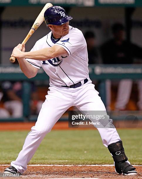 Infielder Brooks Conrad of the Tampa Bay Rays bats against the Boston Red Sox during the game at Tropicana Field on July 13, 2012 in St. Petersburg,...