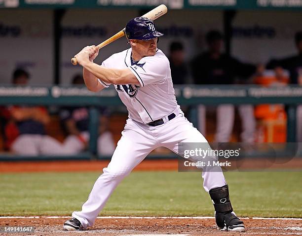 Infielder Brooks Conrad of the Tampa Bay Rays bats against the Boston Red Sox during the game at Tropicana Field on July 13, 2012 in St. Petersburg,...