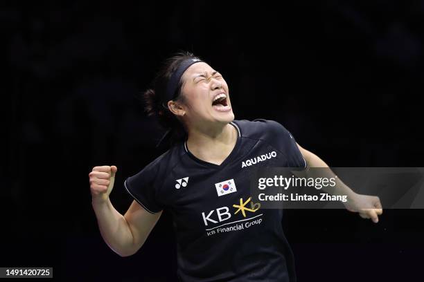 An Seyoung of Korea celebrates the victory after competes in the Women's Singles quarter final match against Chou Tien Chen of Chinese Taipei during...