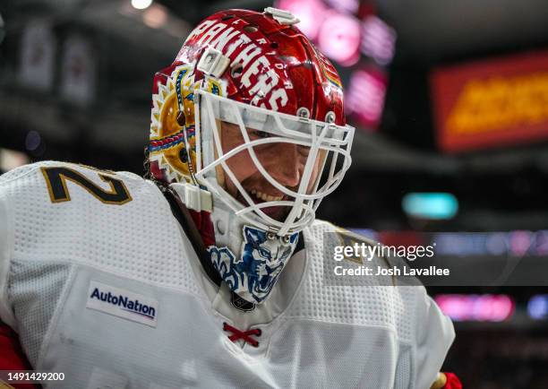 Sergei Bobrovsky of the Florida Panthers celebrates after a 3-2 four-overtime victory against the Carolina Hurricanes in Game One of the Eastern...