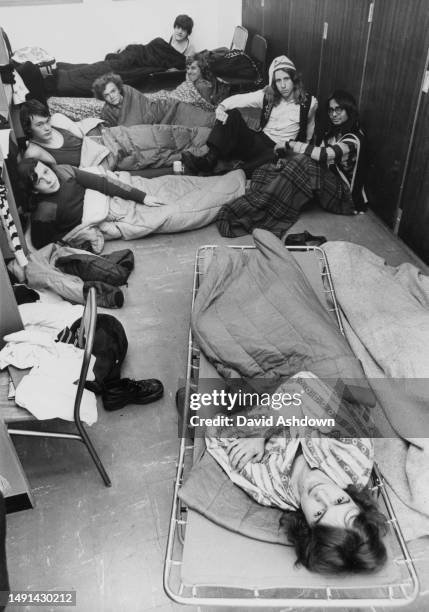 Sixth-form pupils of Emanuel School in their sleeping bags as they continued their sit-in at the school's Dacre Building in Battersea, Wandsworth,...