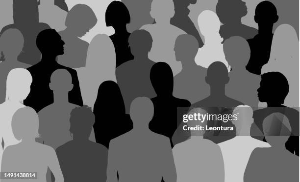 crowd (all people are complete, a clipping path hides the edges) - women standing against grey background stock illustrations