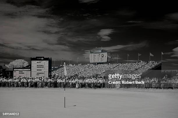 Overall scenic view of course from No 1 green during Sunday play at Royal Lytham & St. Annes GC. Photographer used infrared setting on a digital...