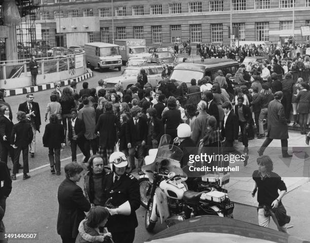 Crowds of schoolchildren during a Schools Action Union protest outside County Hall, the London County Council headquarters, on the South Bank in...